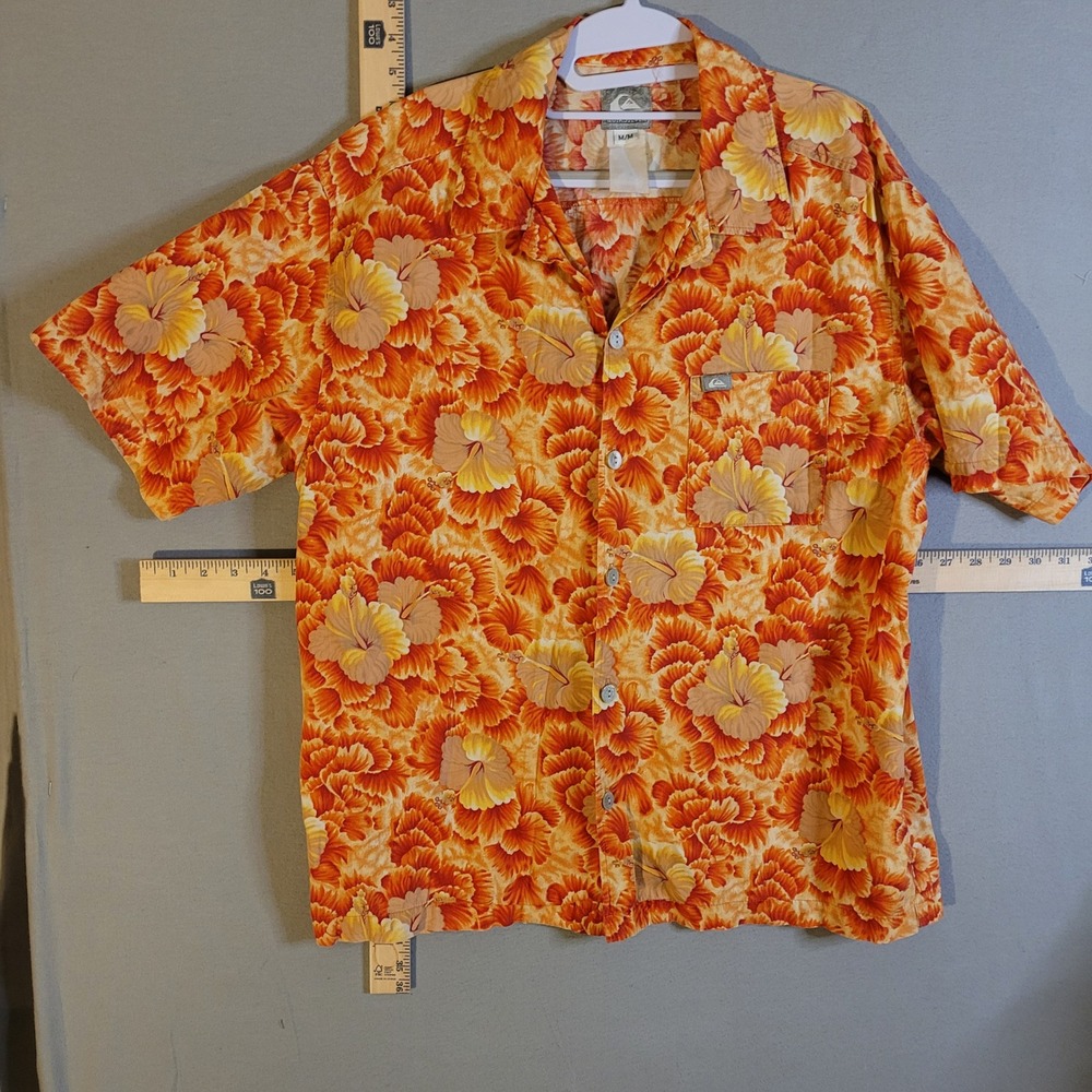 Quiksilver‎ Mens Orange Hibiscus Floral Print Short Sleeve Button Down Shirt M
